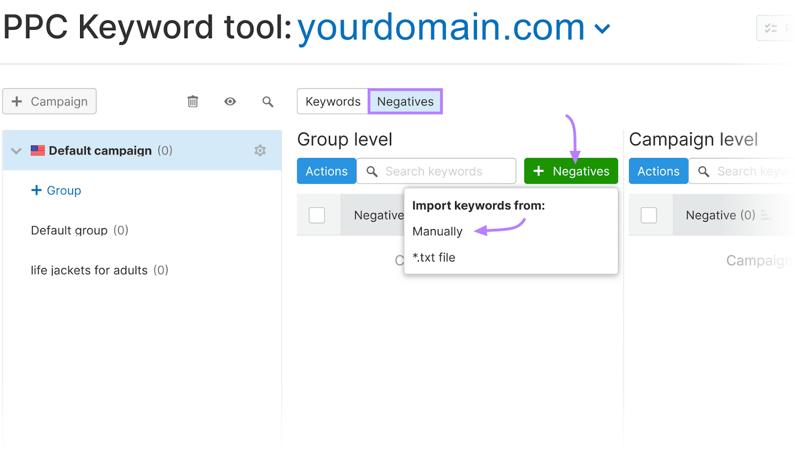 PPC Keyword Tool with options for adding negative keywords at group levels, and an option to import keywords manually.
