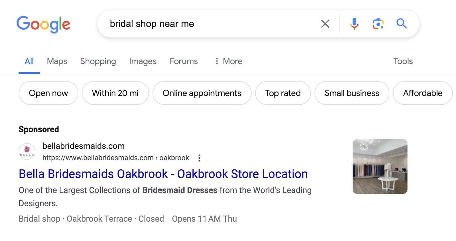 search for bridal store  adjacent   maine  shows a sponsored hunt  advertisement  for a section  bridal shop