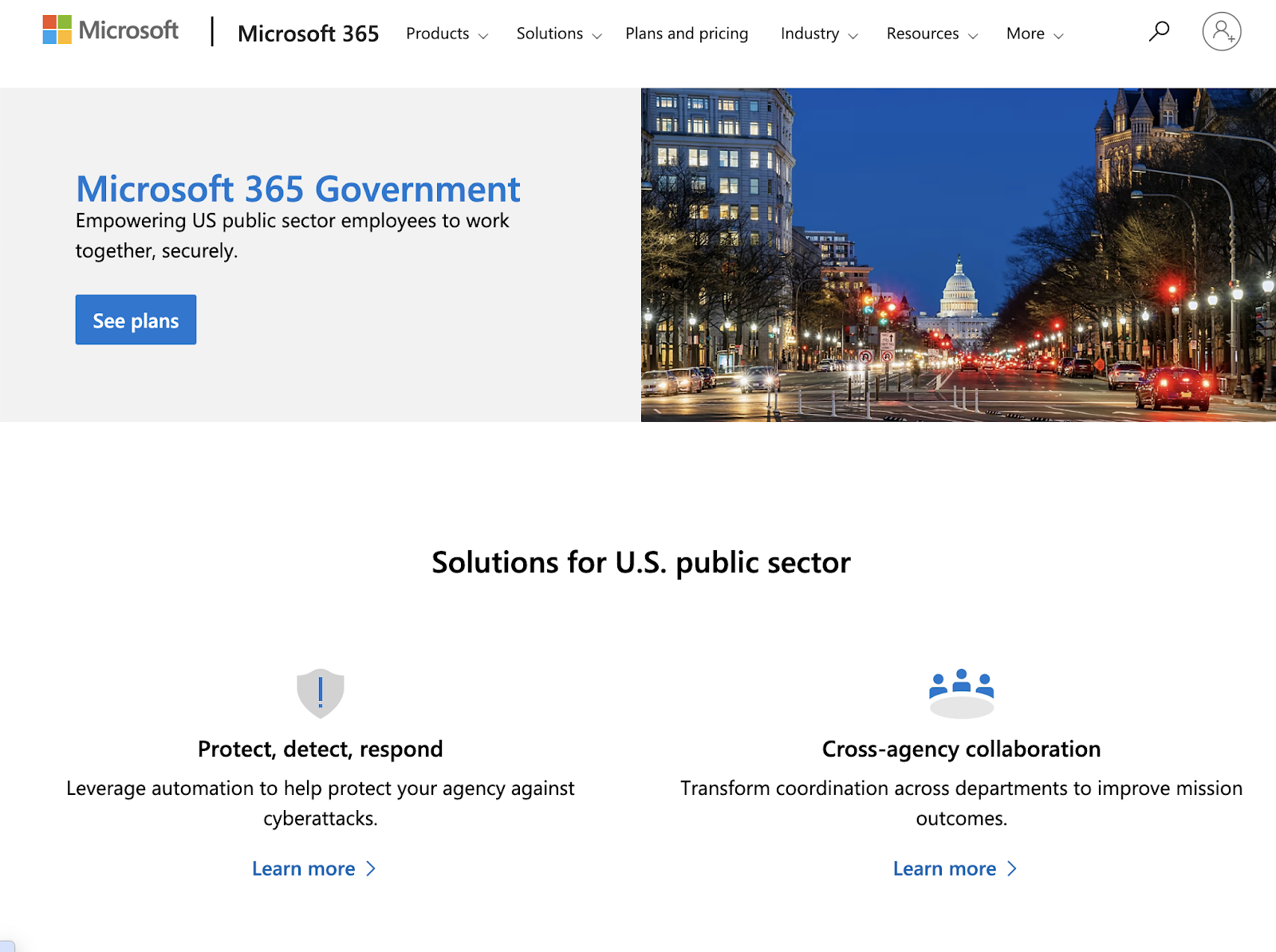 Microsoft 365 government landing page shows solutions for the US public sector