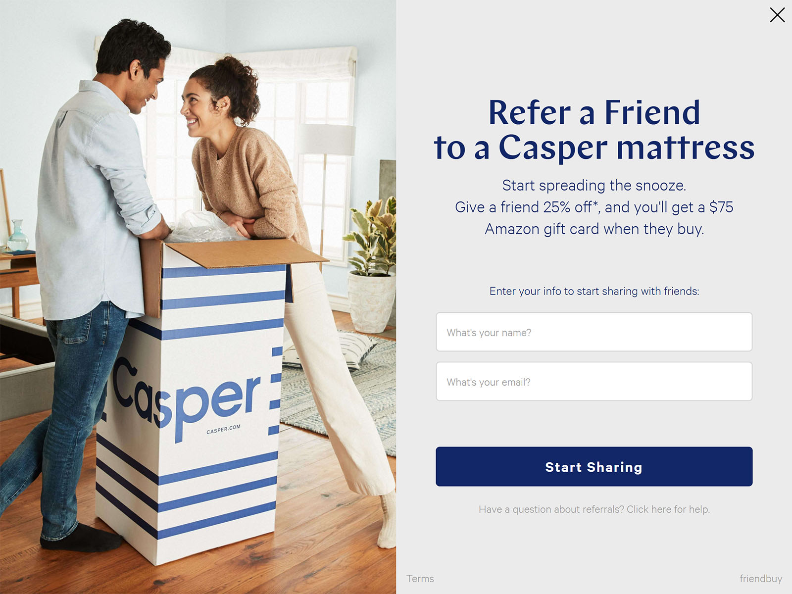 Casper loyalty and referral program popup