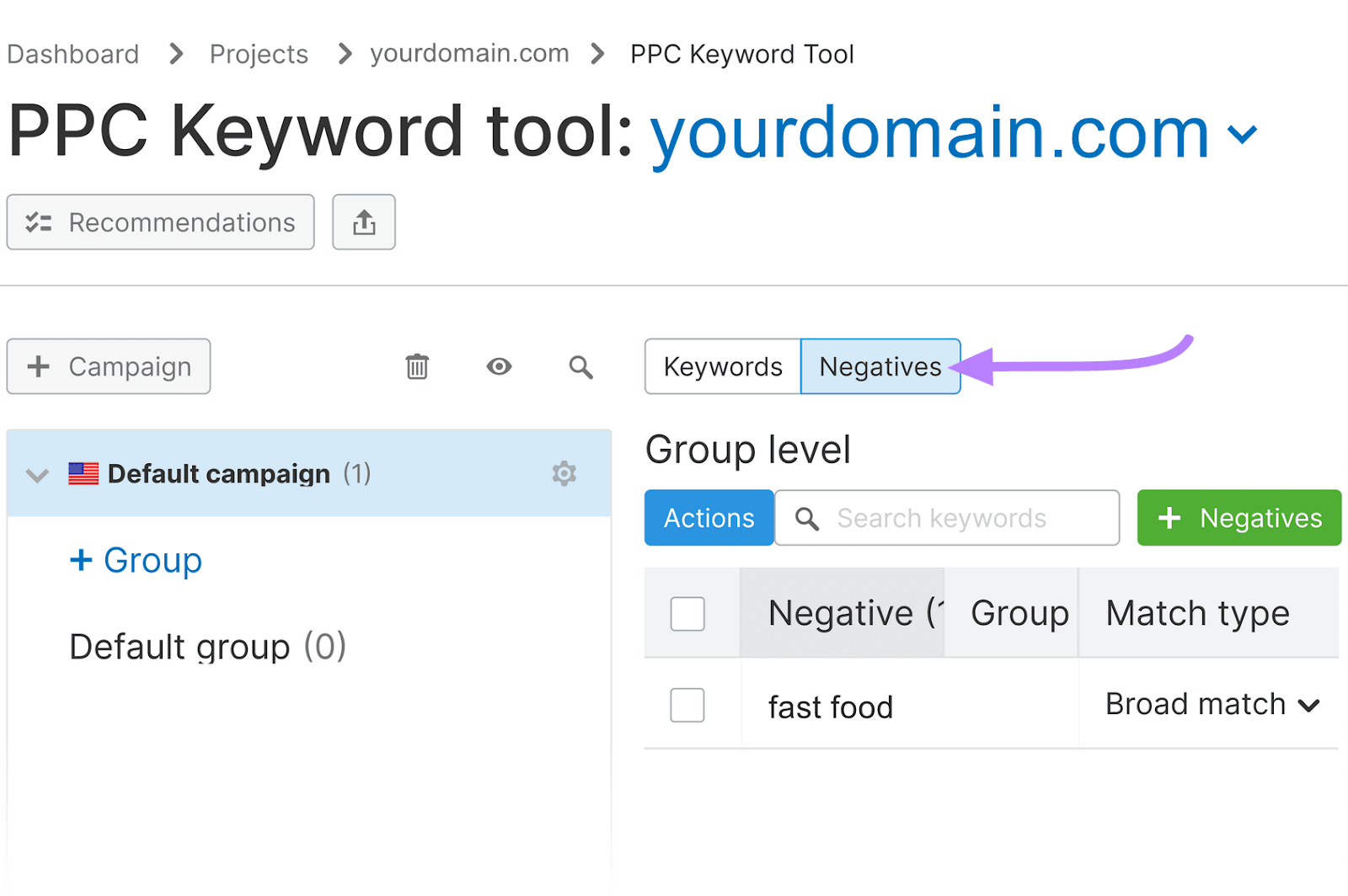 "Negatives" selected from PPC Keyword Tool dashboard