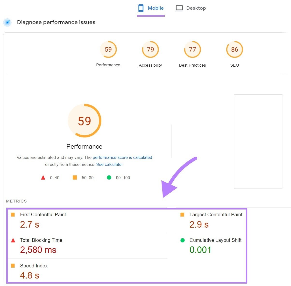 PageSpeed Insights report for mobile