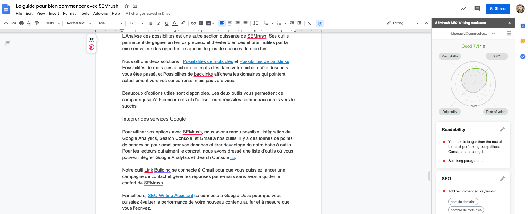 SEMrush Writting Assistant dans Google Doc