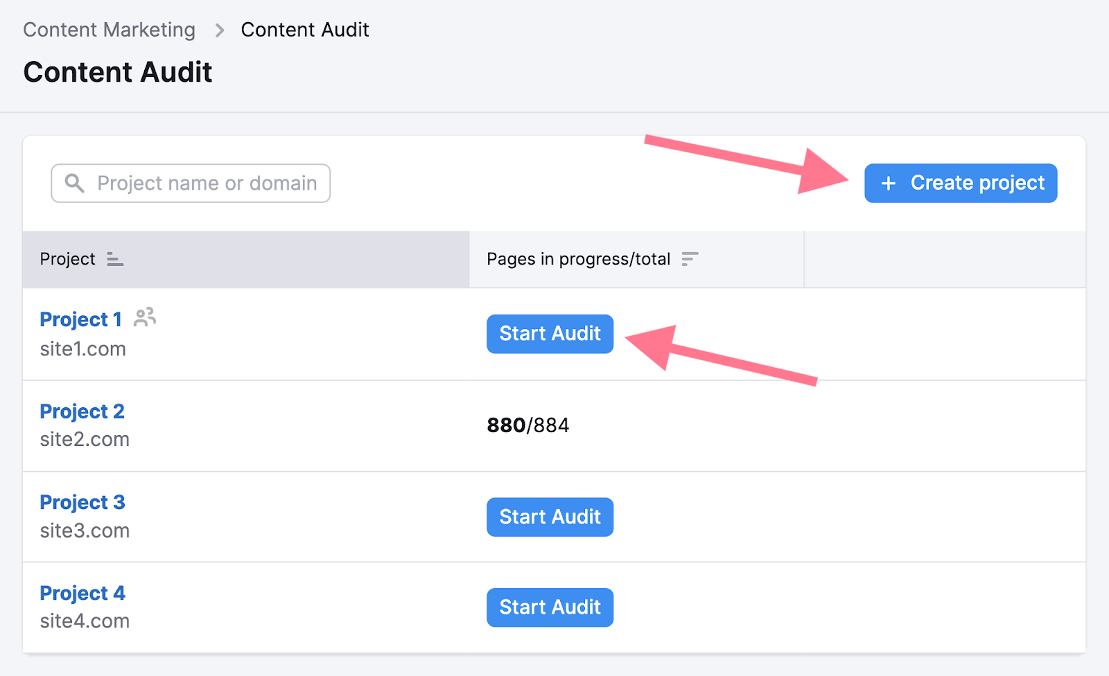 Create project in content audit