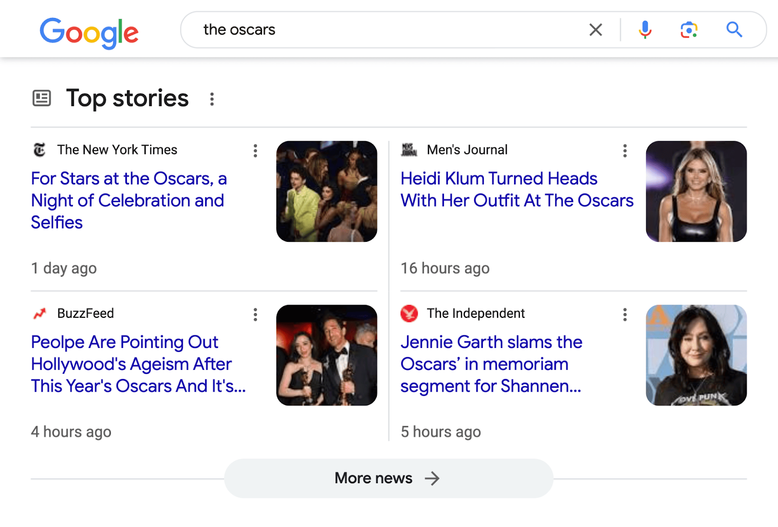 Articles about the Oscars in Google Search Results in the "Top Stories" SERP feature