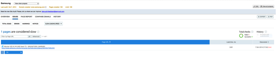 SEMrush Site Audit report expanded - Samsung.es