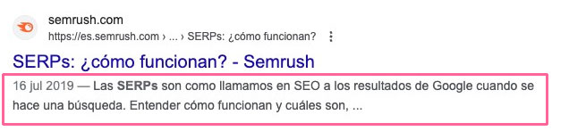 Aspecto de las metadescripciones en las SERP