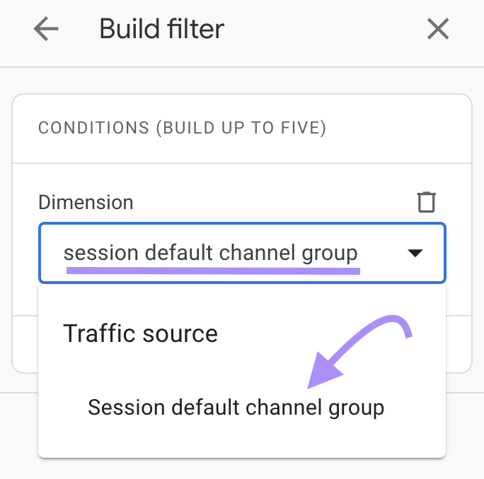 “Session default channel group” selected under "Dimension" field