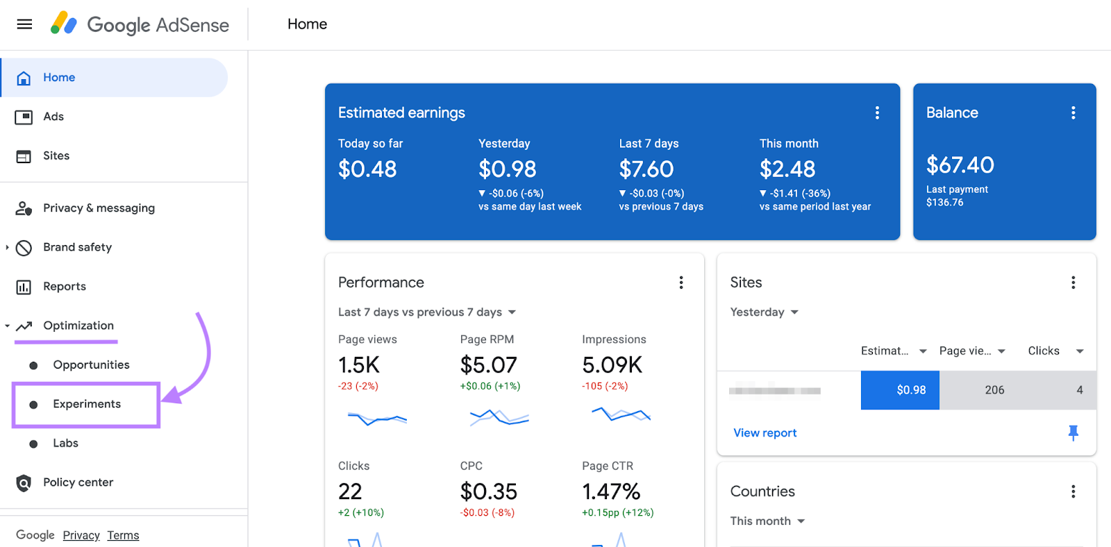 Google AdSense location  surface  shows estimated earnings, balance, and show  metrics