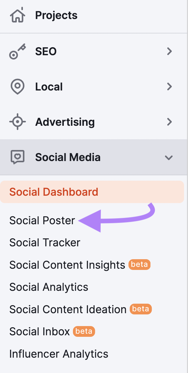 Selecting Social Poster from the left hand menu on Semrush