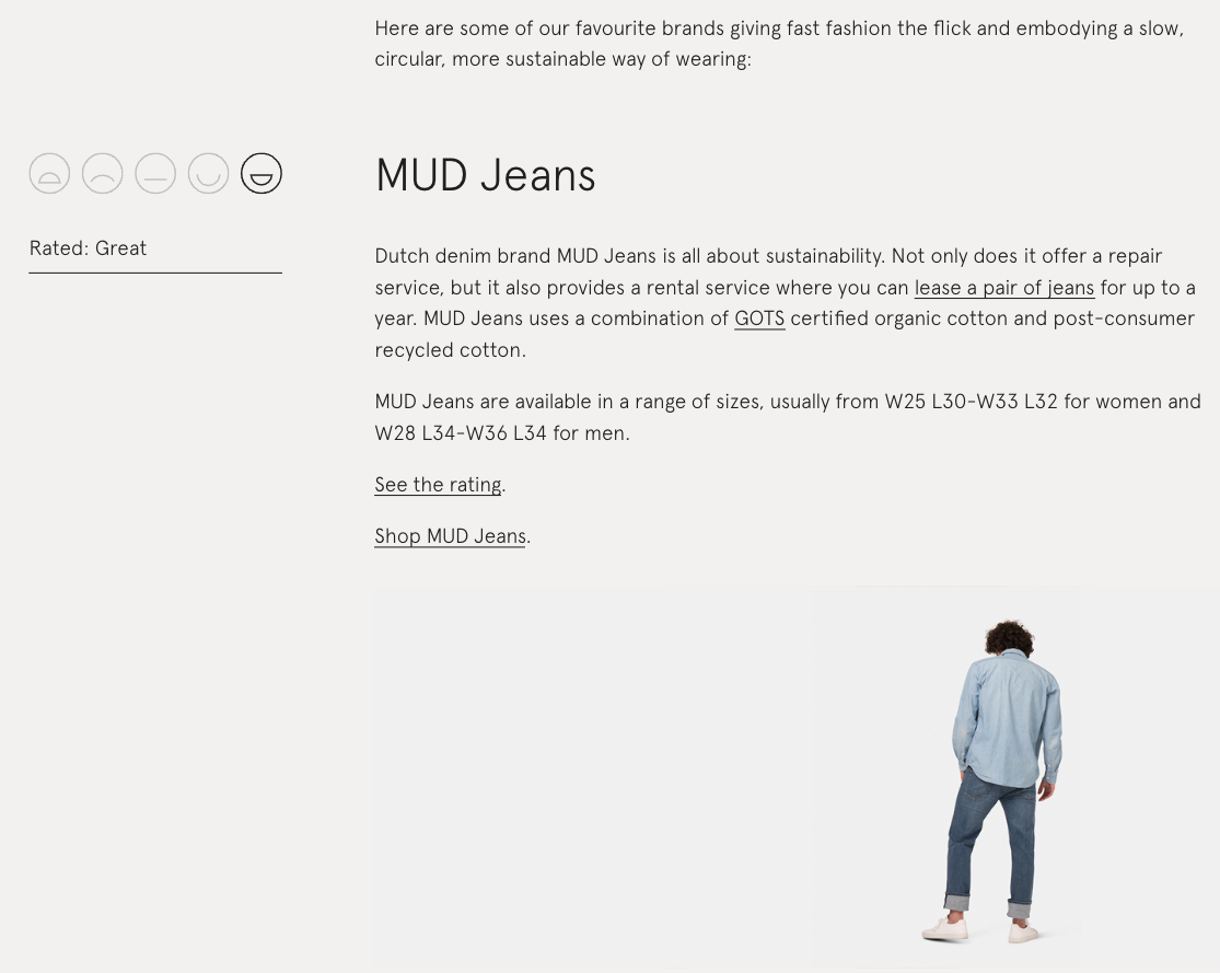 A recommendation section for a "MUD Jeans" brand