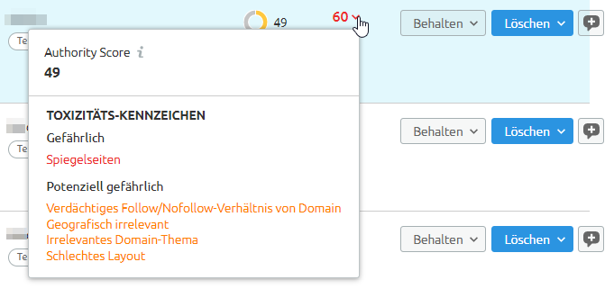 Genaue Angaben zur Toxizität jedes Backlinks