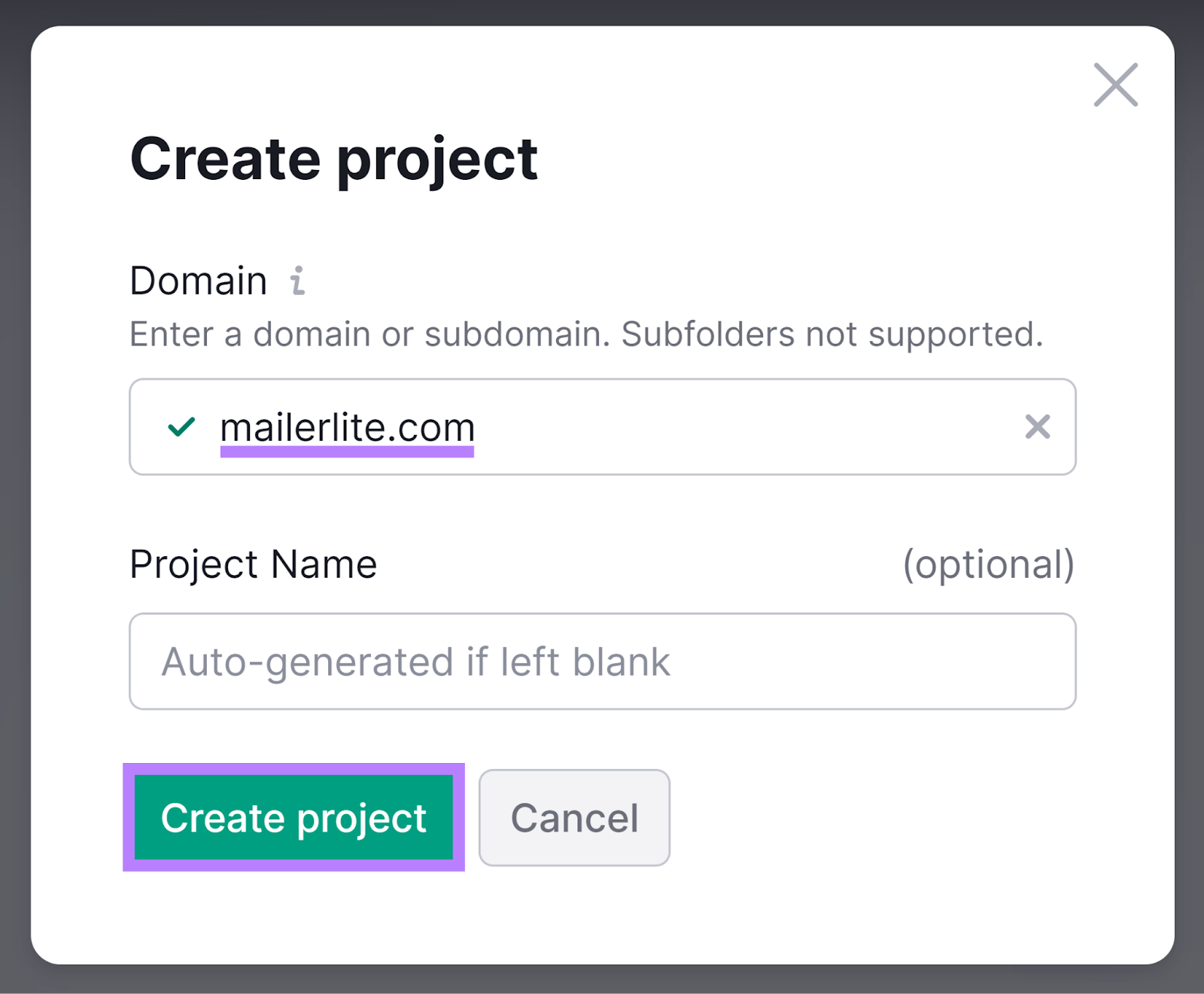 Create project popup with domain entered and Create project button highlighted