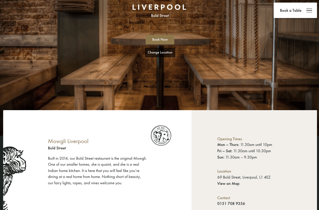 Mowgli Liverpool's location-specific landing page