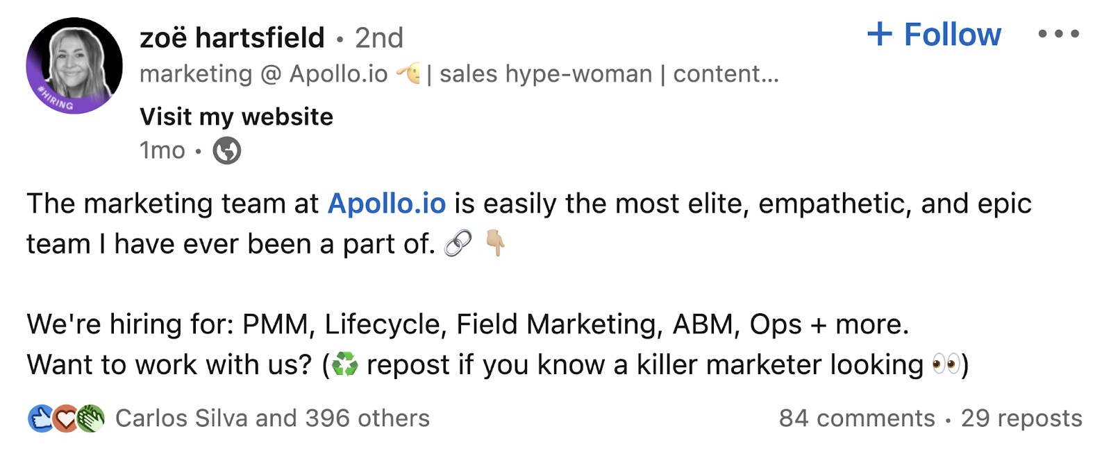 Zoë Hartsfield's LinkedIn station  astir  Apollo.io's selling  team