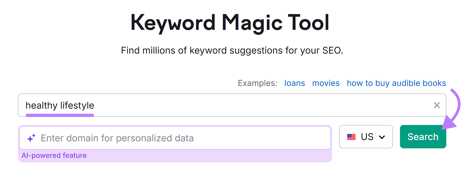 Keyword Magic Tool start with 'healthy lifestyle' in keyword field and arrow pointing to 'Search' button