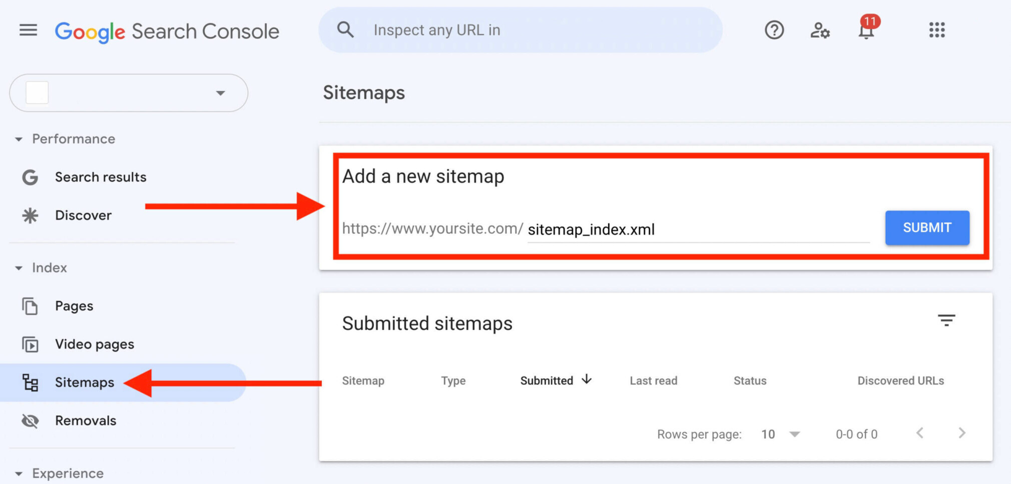 Google search console's sitemap page