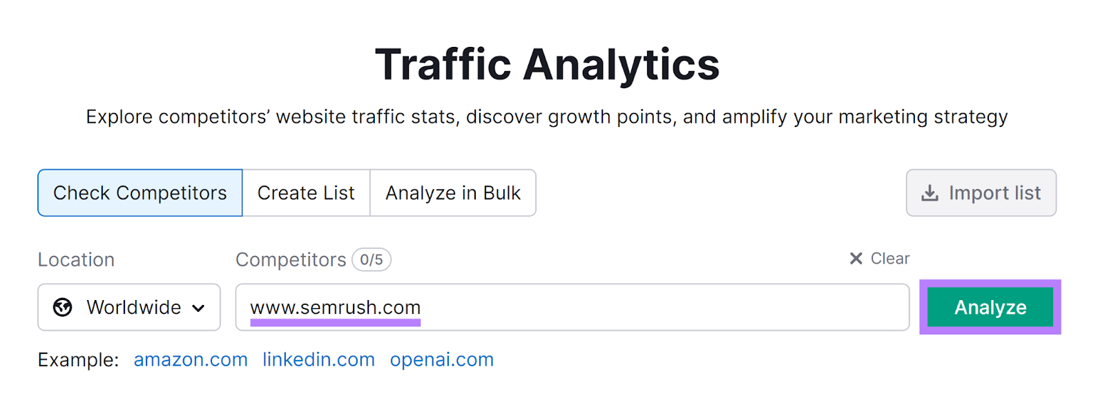 Semrush Traffic Analytics tool start page with domain and Analyze button highlighted.