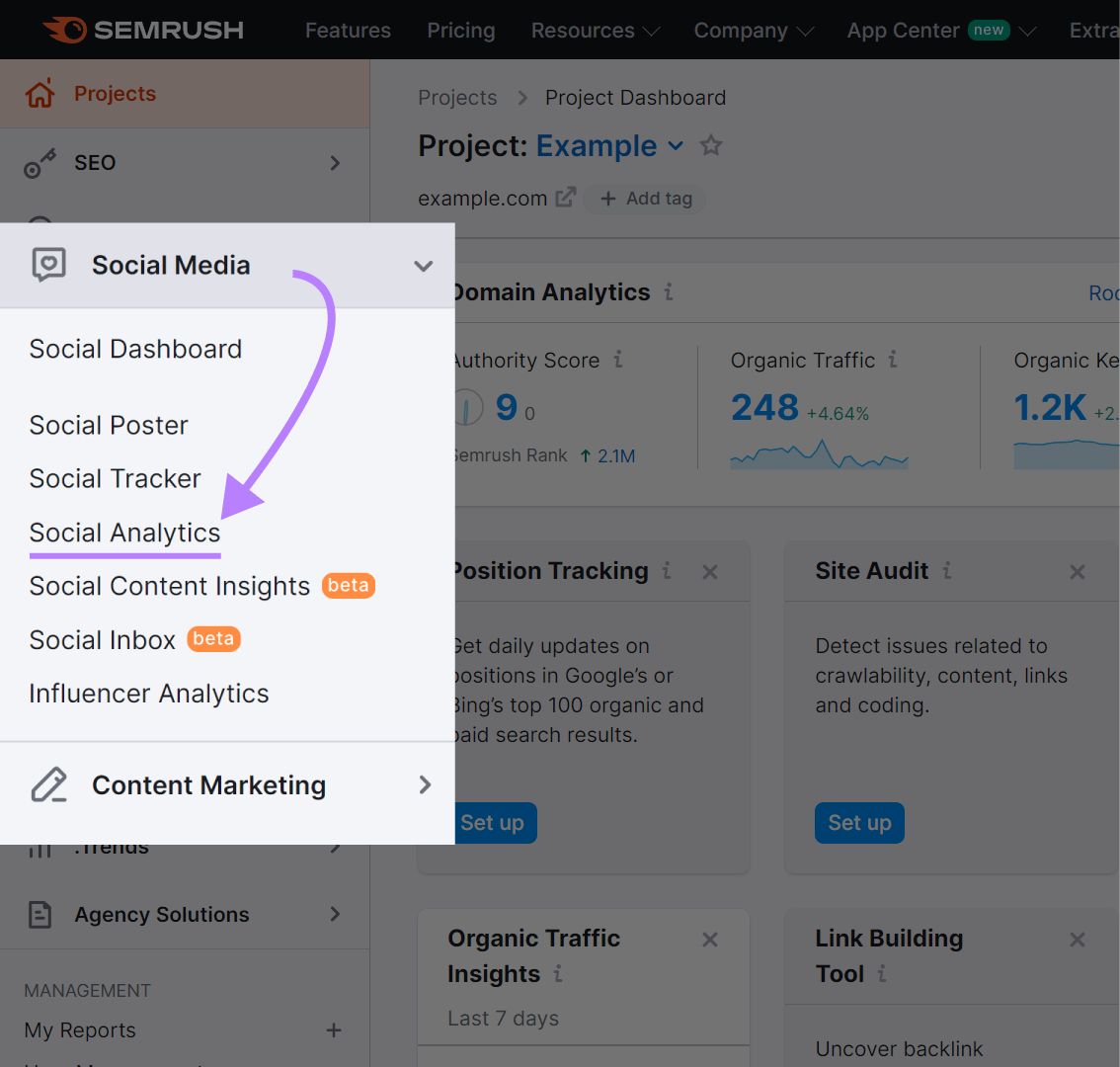 Navigating to "Social Analytics" successful  Semrush menu