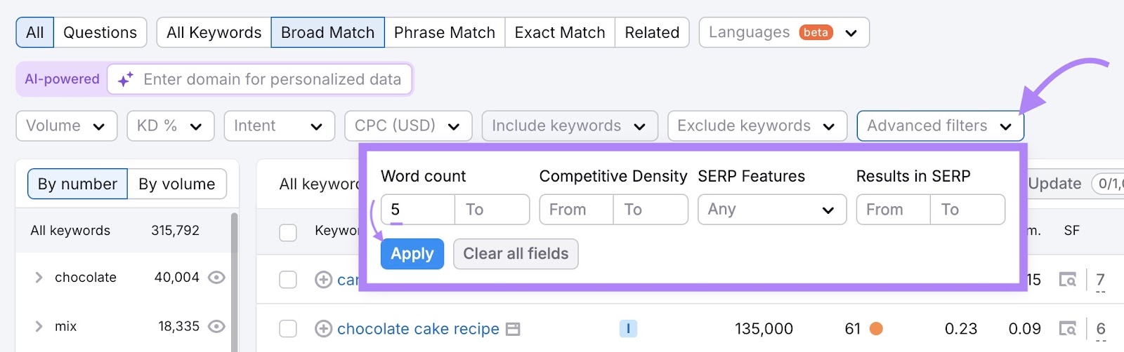 Keyword Magic Tool commencement pinch nan "Advanced filters" drop-down opened, "5" entered arsenic nan minimum relationship count and "Apply" clicked.