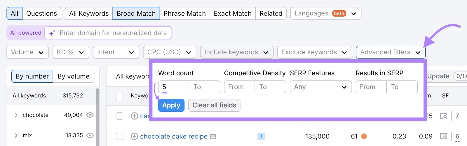 What They Are & How to Earn Them 18 Keyword Magic Tool start with the "Advanced filters" drop-down opened, "5" entered as the minimum word count and "Apply" clicked.