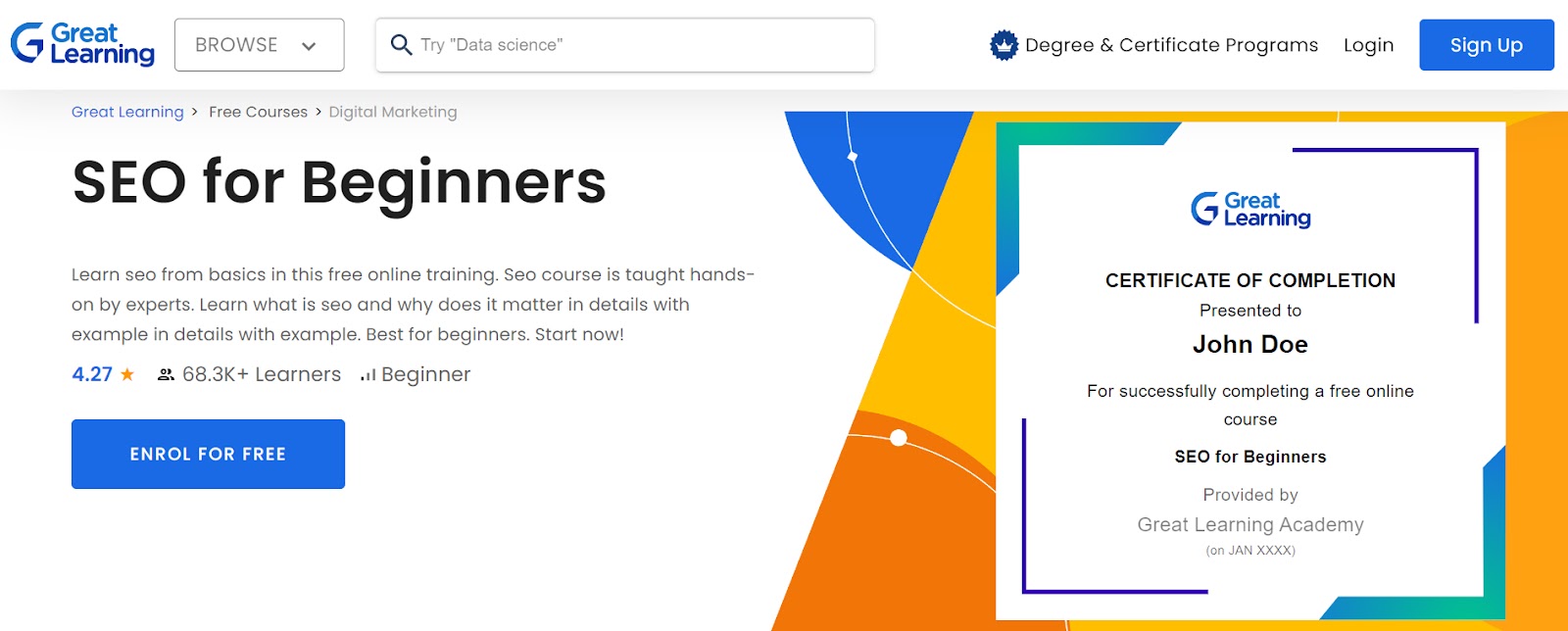 SEO for Beginners landing page