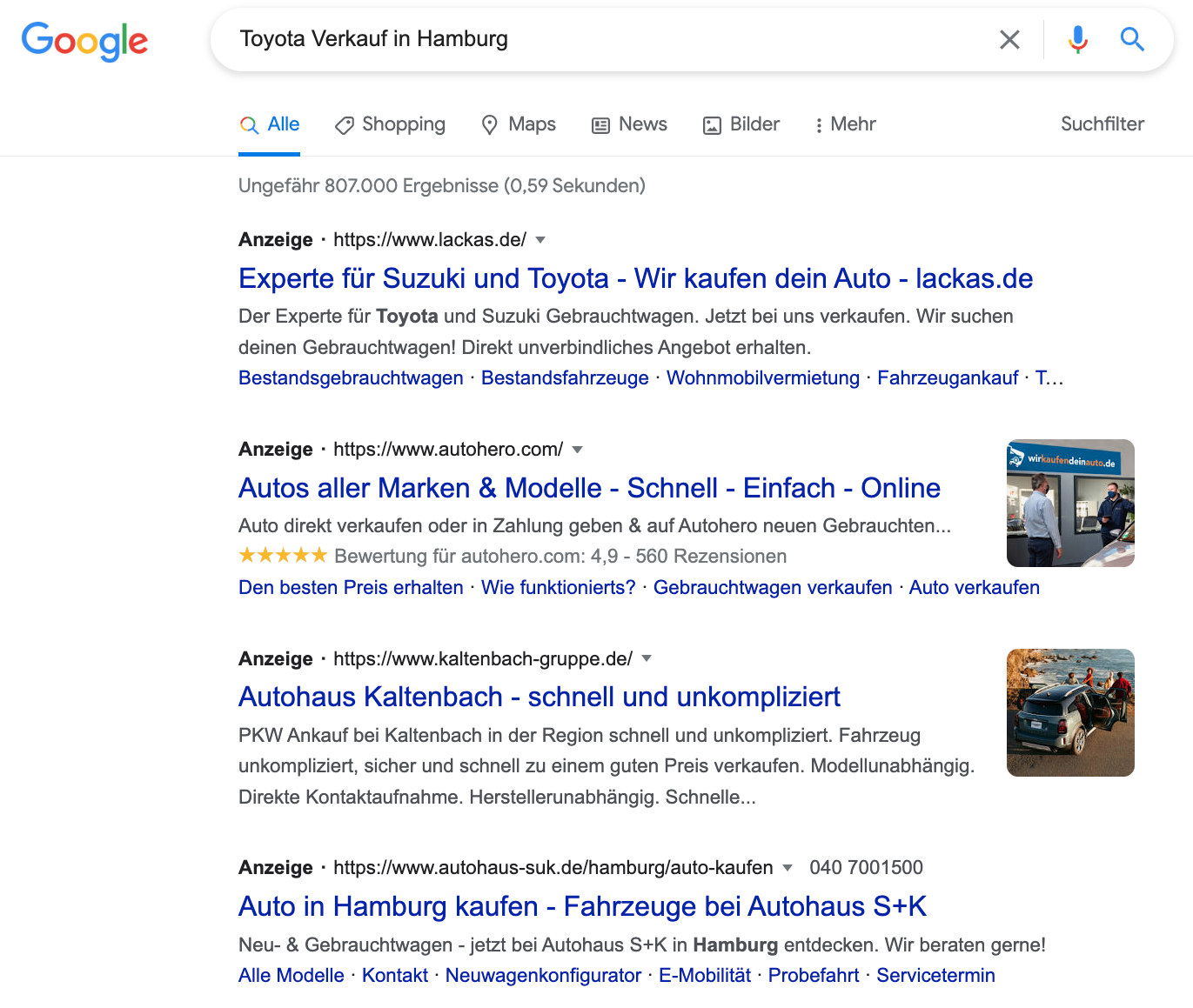 Beispiel Google Werbeanzeigen für Keyword