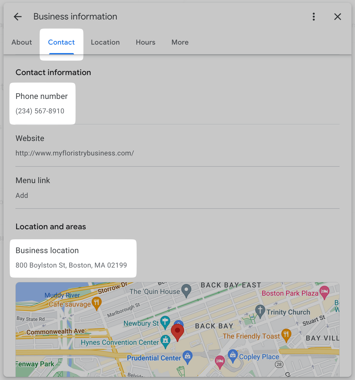 "Contact" “Phone number” and “Business location” sections highlighted