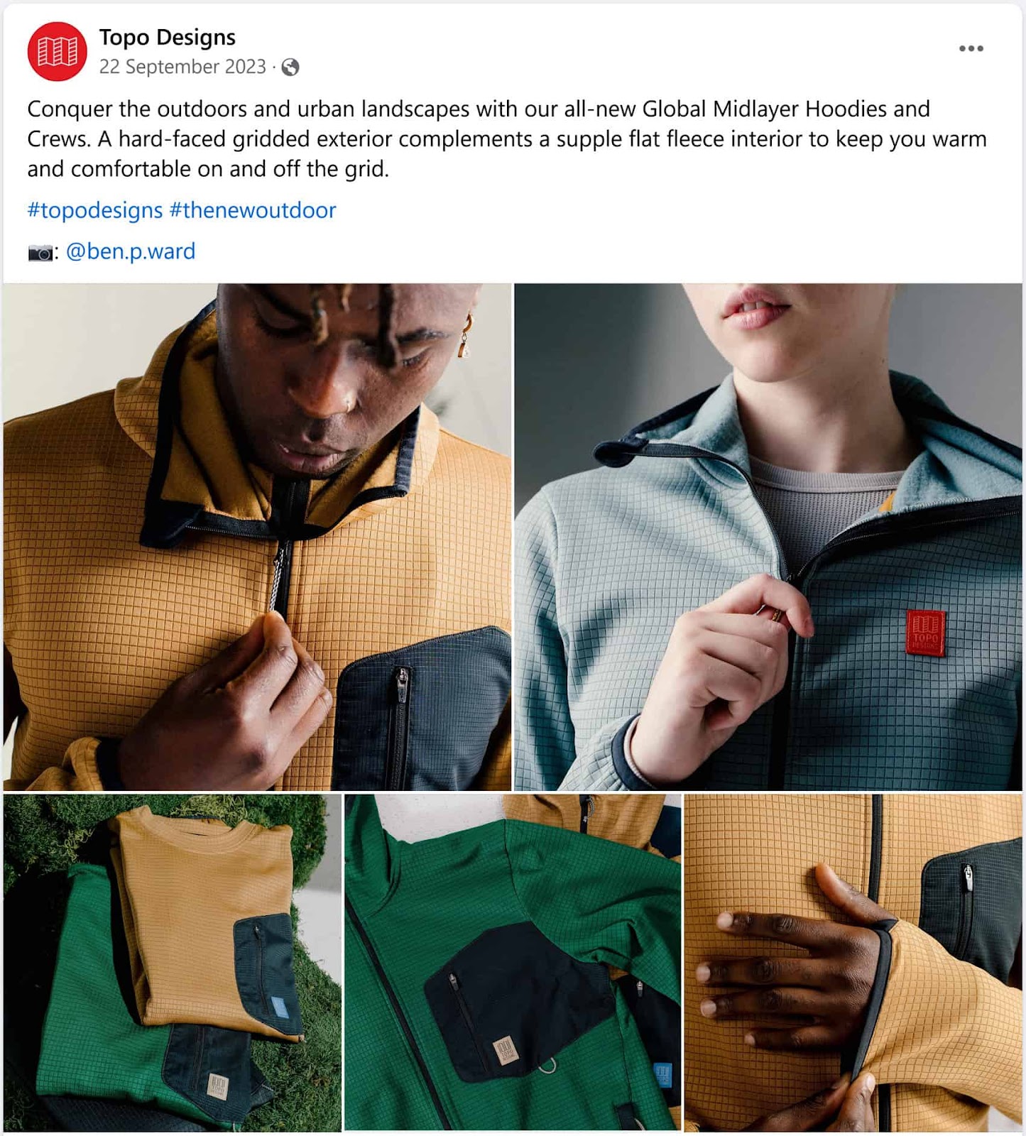 Topo Designs' station  connected  Facebook sharing a caller   merchandise  line