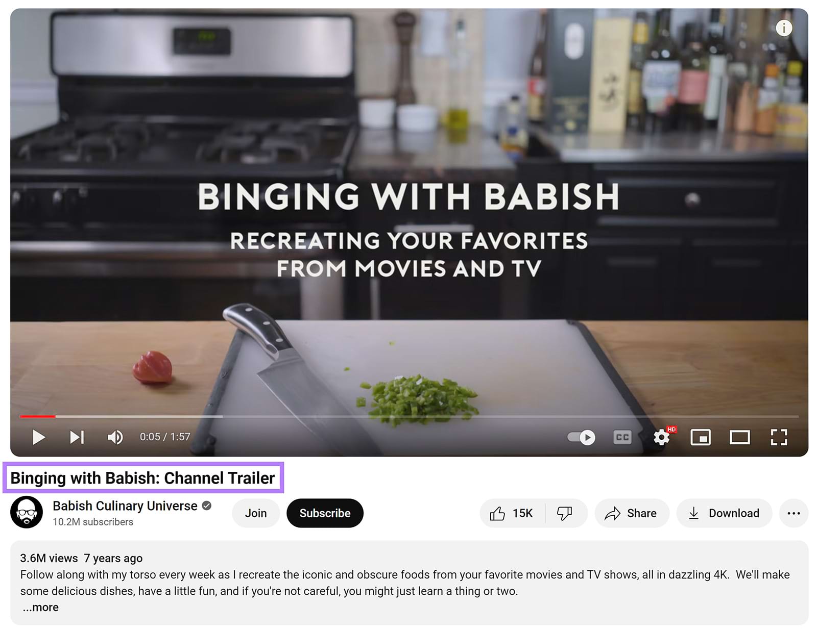 Binging with Babish channel trailer video with title highlighted.