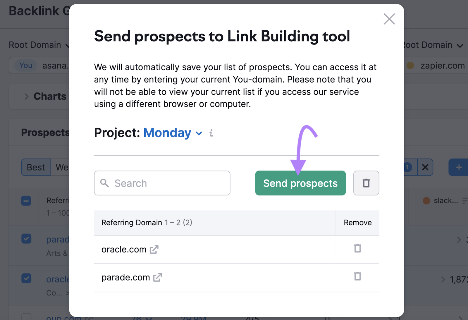 “Send prospects to Link Building Tool" pop-up model   for "Monday" project