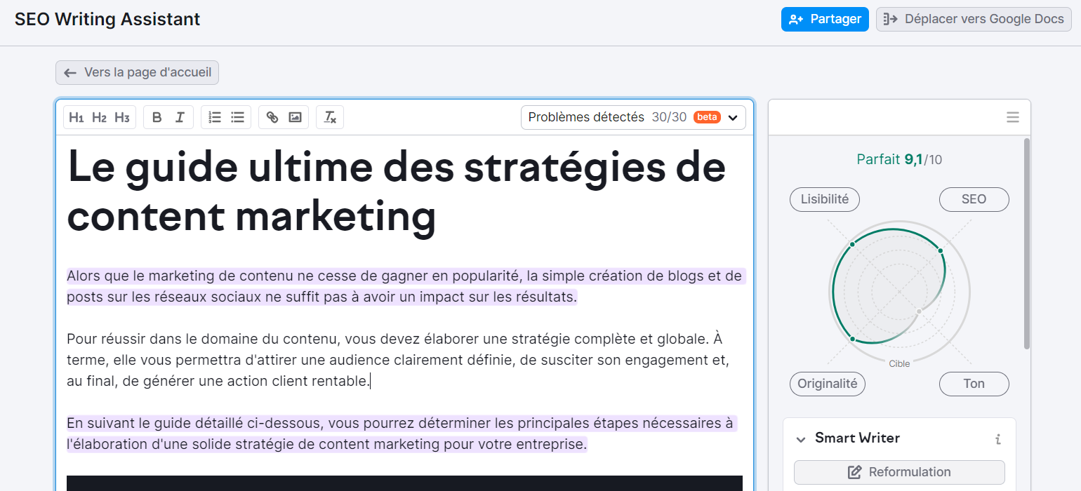 Exemple de texte analysé dans SEO Writing Assistant