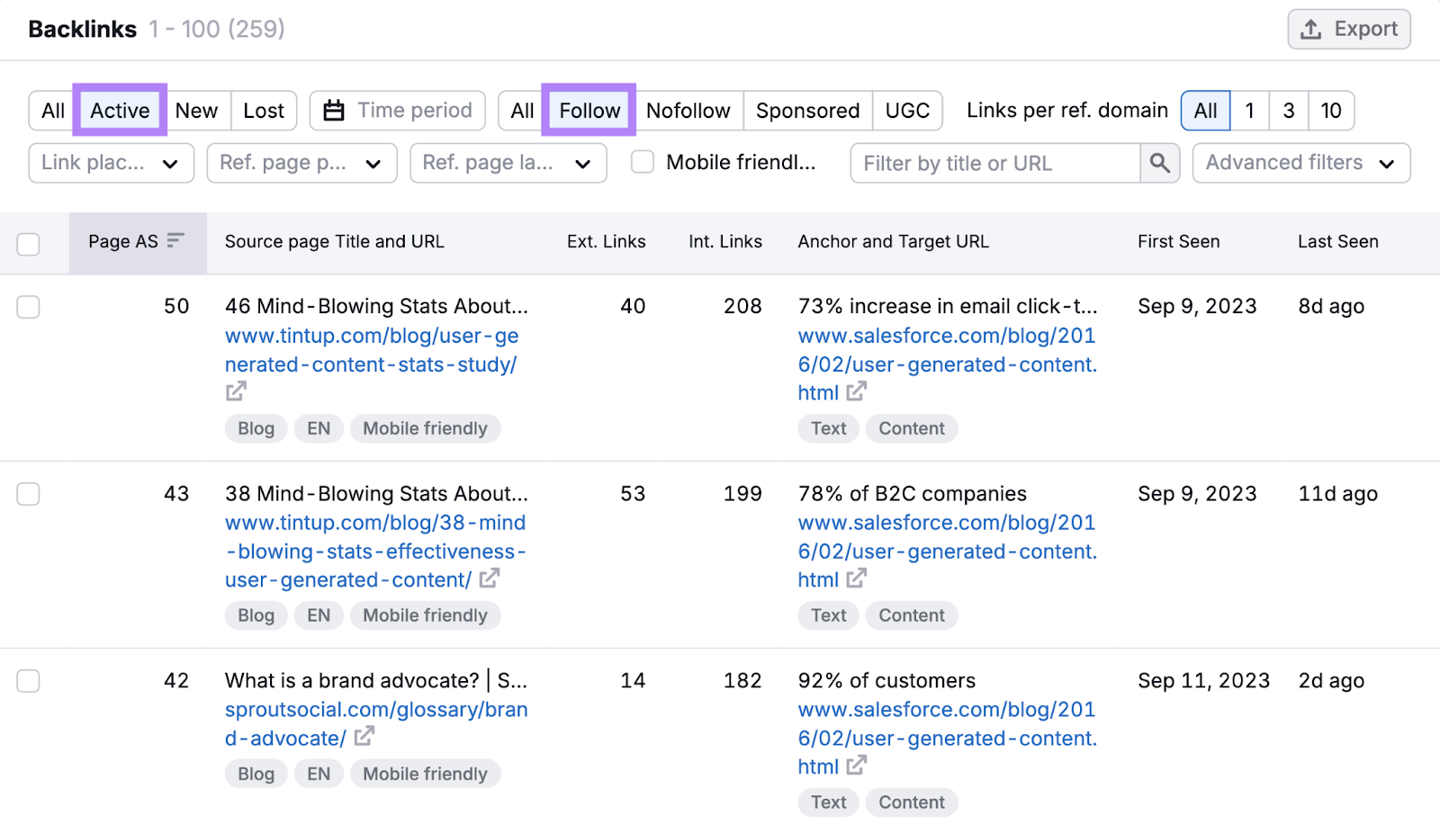 filters applied which shows active source pages that supply a follow link to that broken page