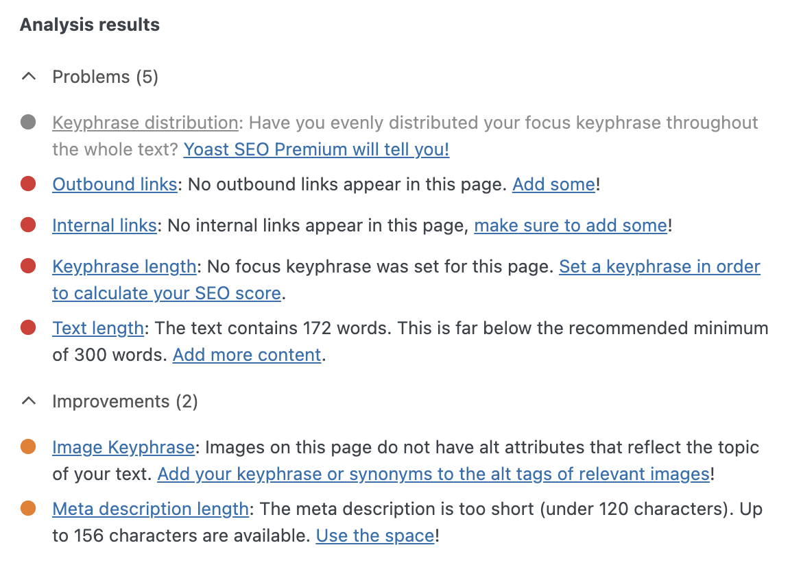 "Analysis results" page in Yoast SEO identifies SEO-related issues in your content