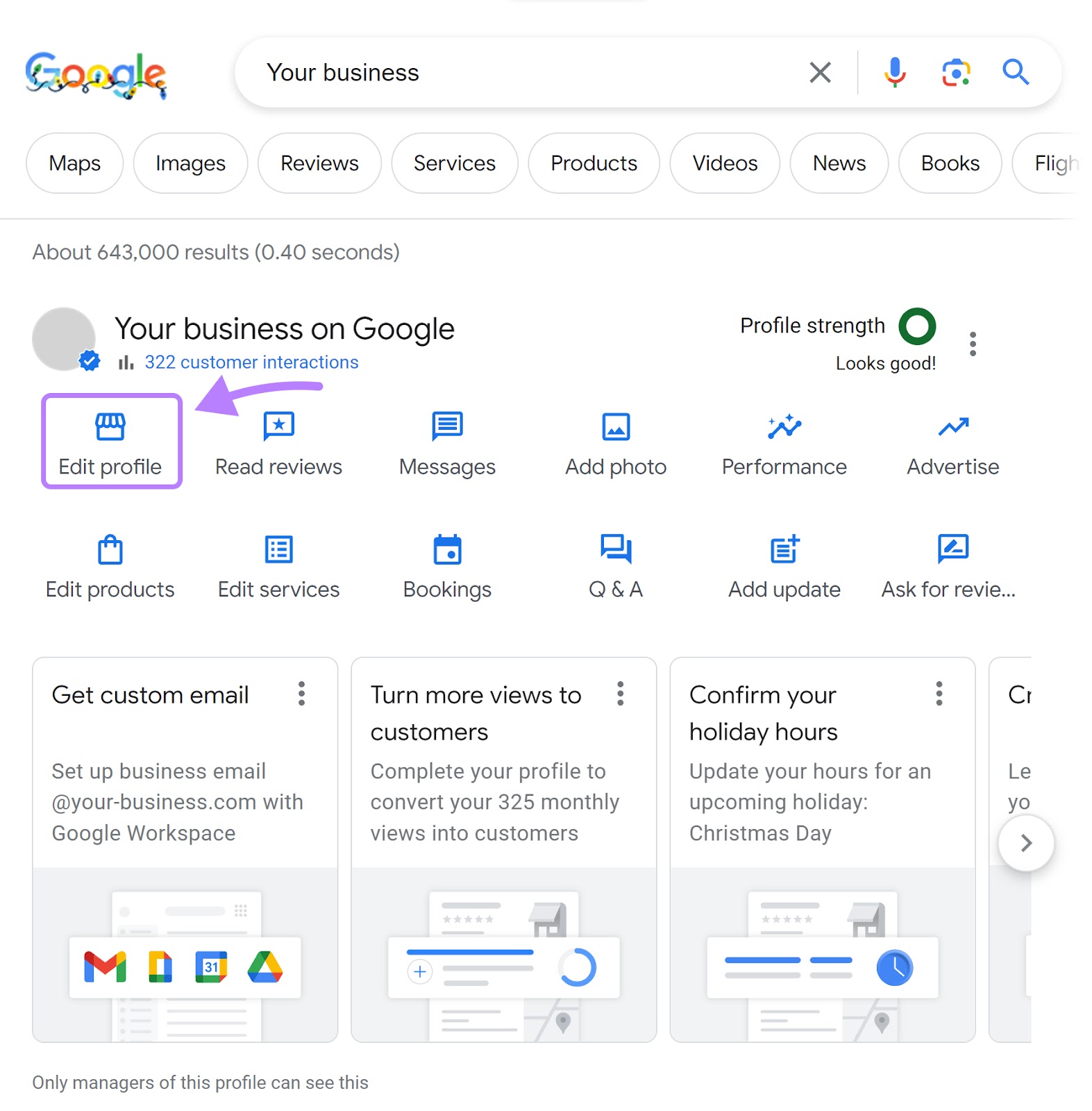 “Edit profile” button selected on Google My Business dashboard