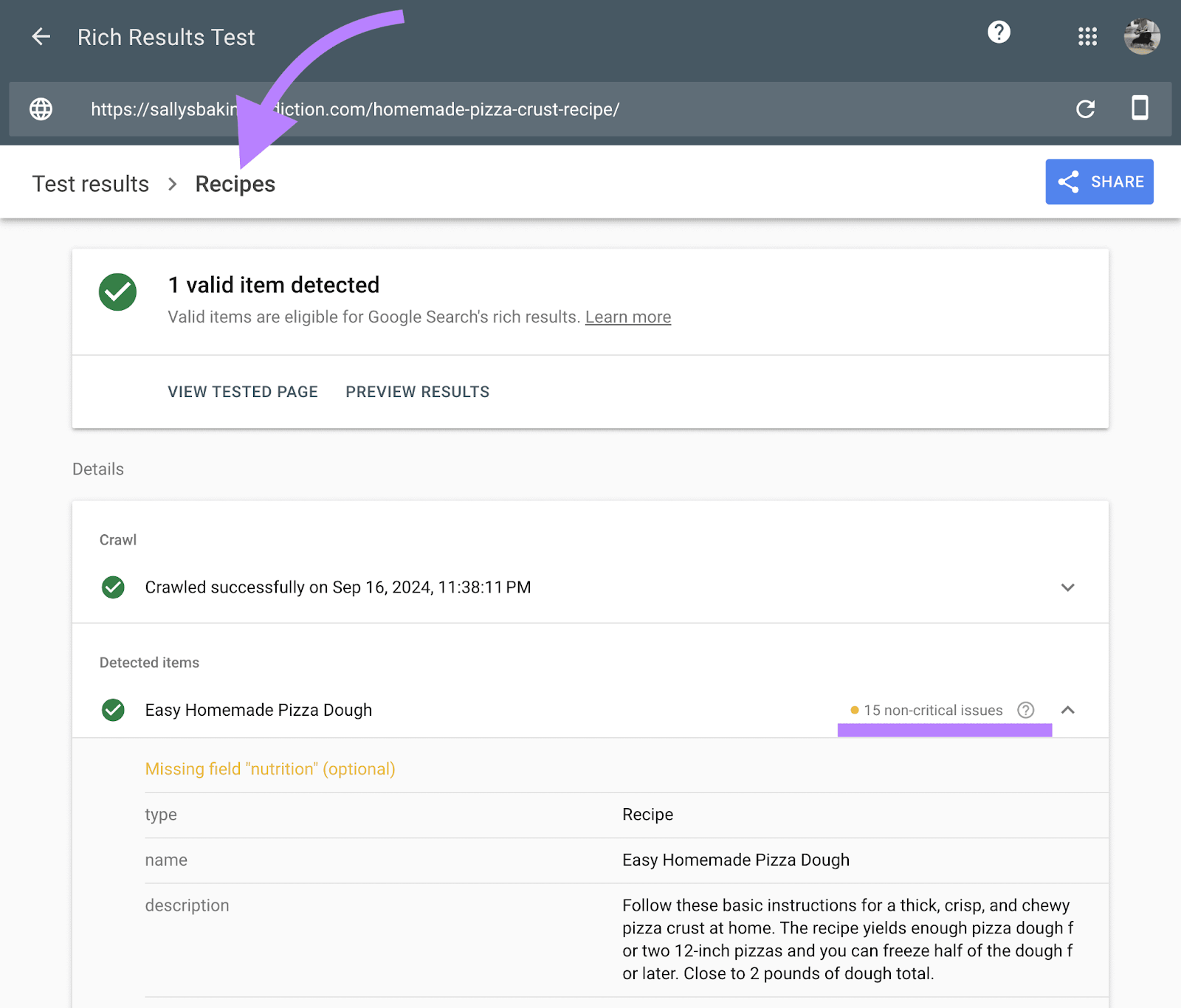 Recipes structured data with 15 non-critical issues