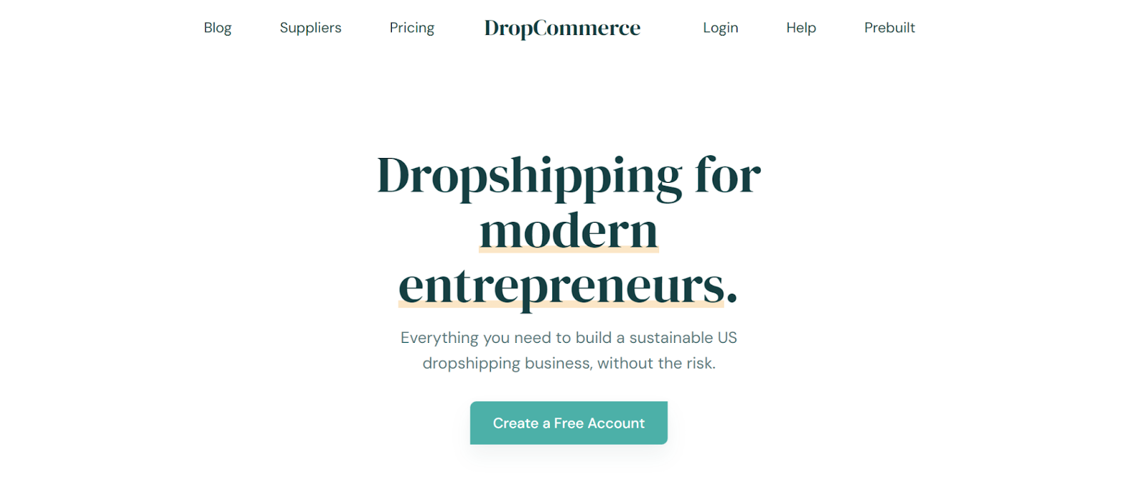 DropCommerce's landing page headline "Dropshipping for modern entrepreneurs."