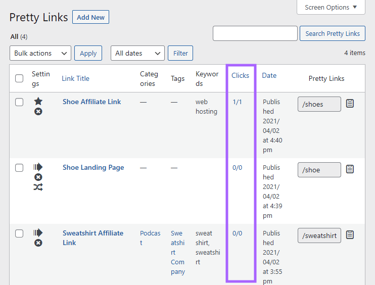 Pretty Links Link Manager with links listed and clicks column highlighted