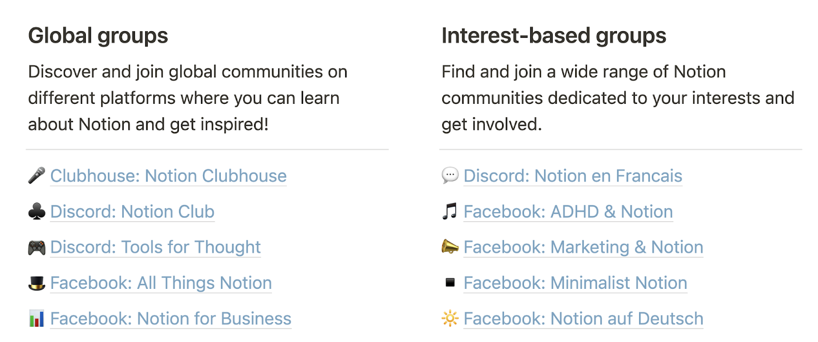 notion's global groups and interest-based groups show links to clubhouse, discord, and facebook