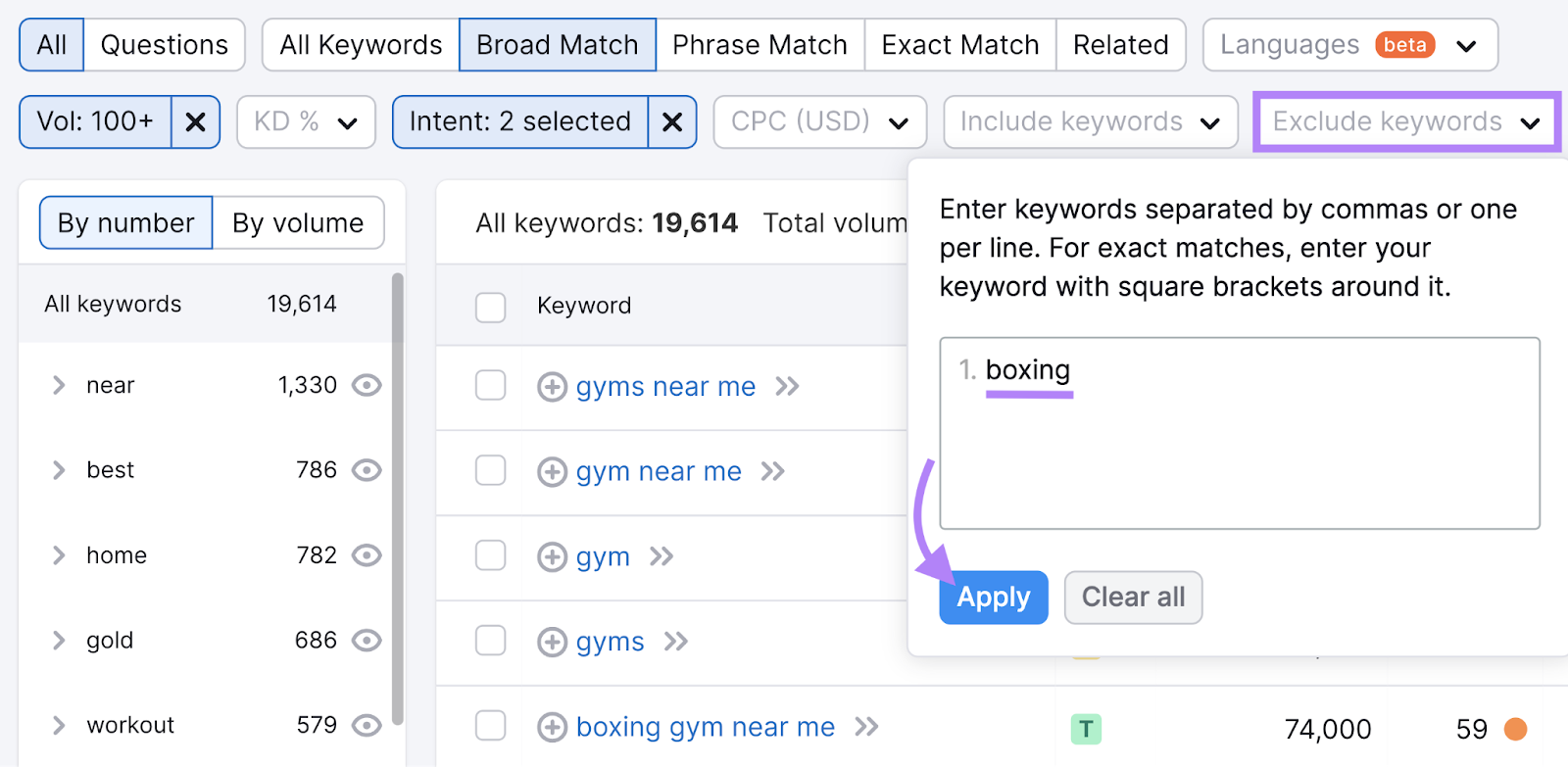 "boxing" entered under "Exclude keywords" filter in Keyword Magic Tool