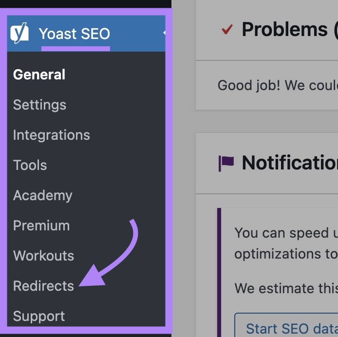 Yoast SEO menu on the left toolbar of the WordPress dashboard with 'Redirects' clicked.