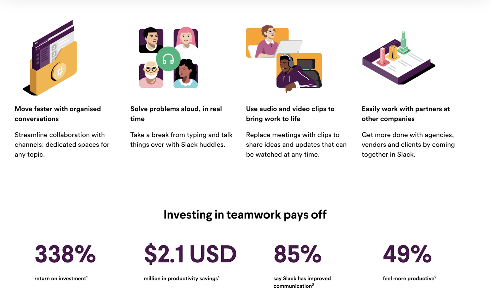 A section of the landing page listing and explaining Slack benefits