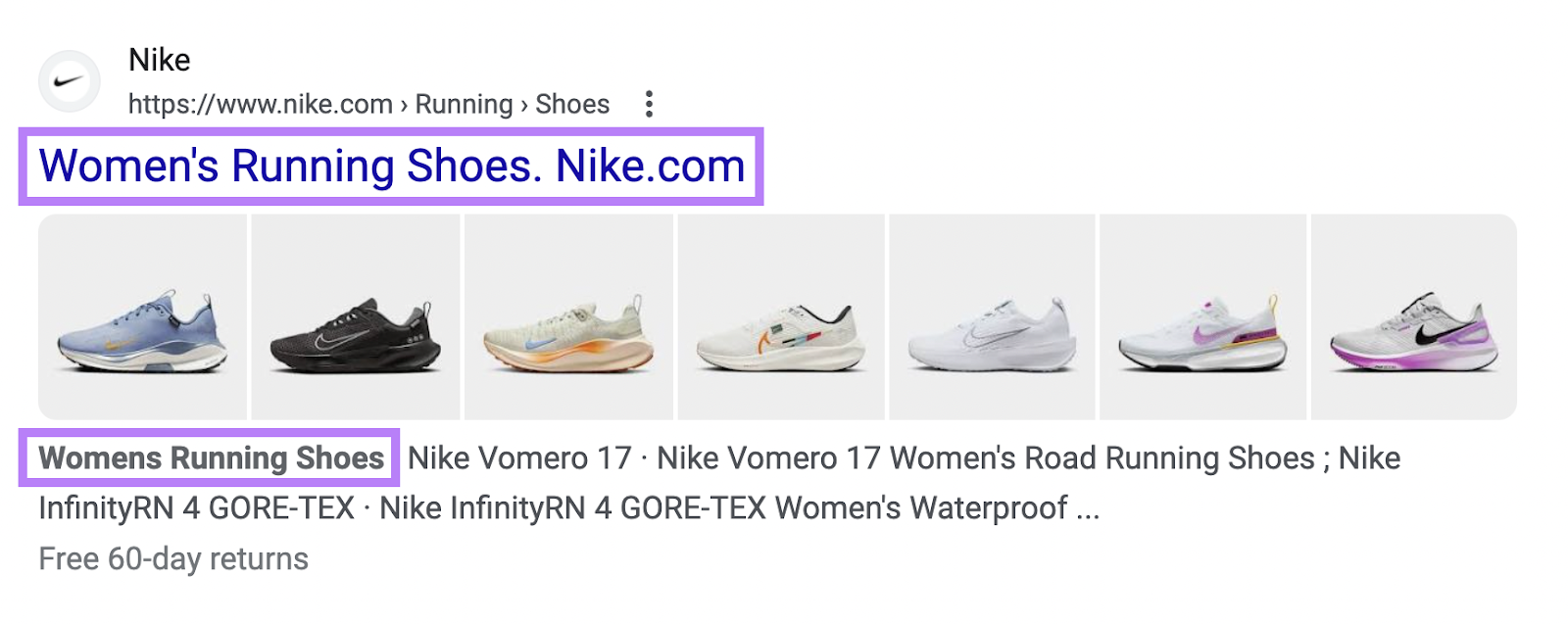 "Women's Running Shoes. Nike.com" result on SERP with "Womens Running Shoes" meta tag