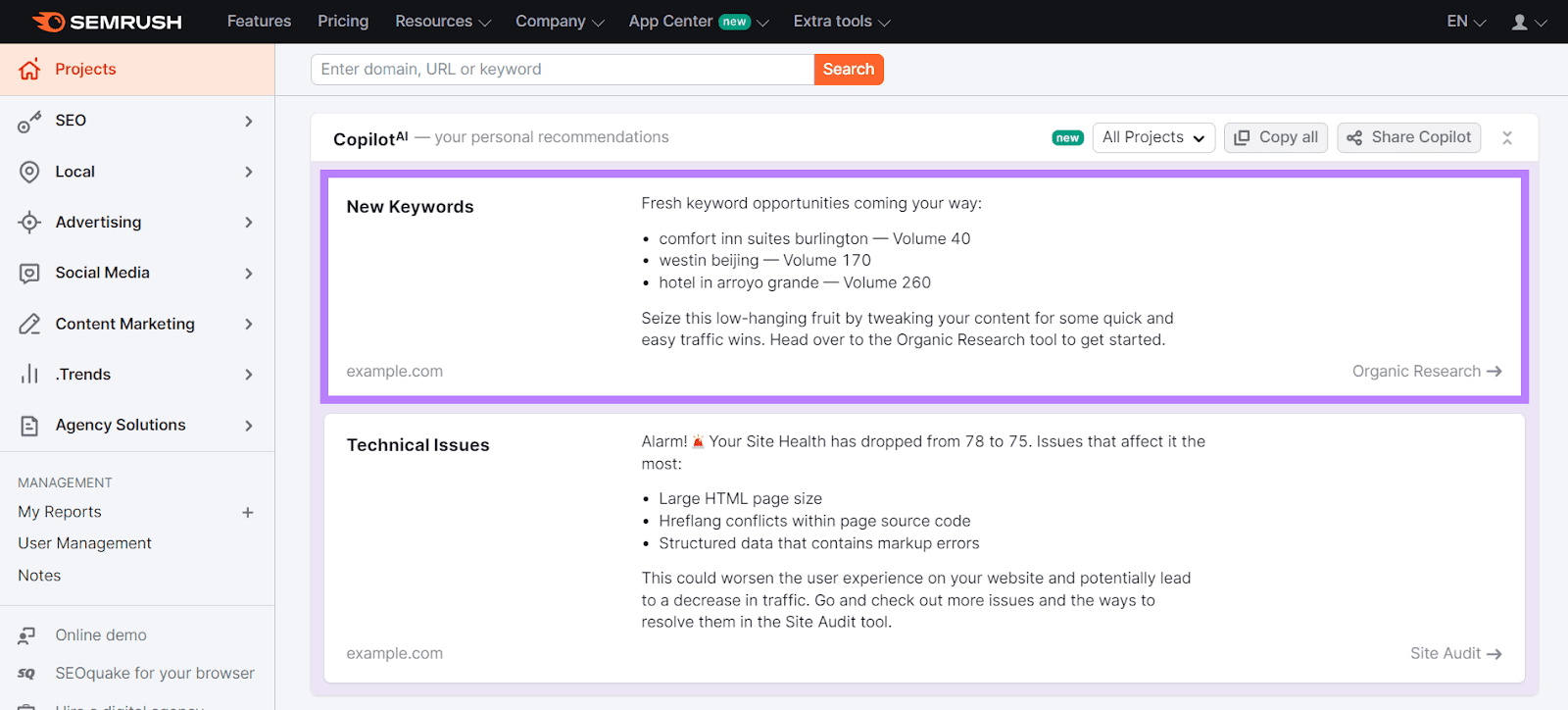 Semrush AI Copilot recommendations in account dashboard with New Keywords section highlighted.