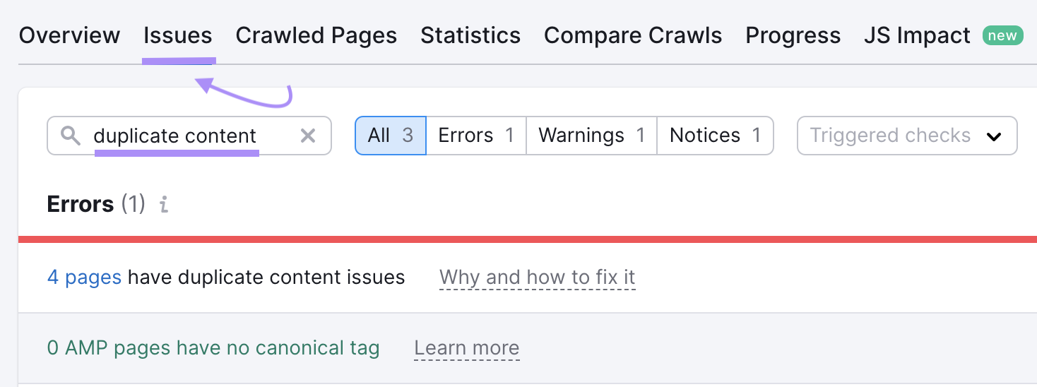 search for "duplicate content" in the "Issues" tab
