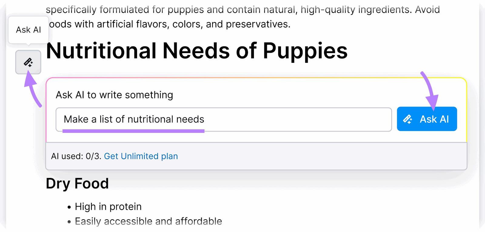 "Make a list of nutritional needs" prompt in “Ask AI”