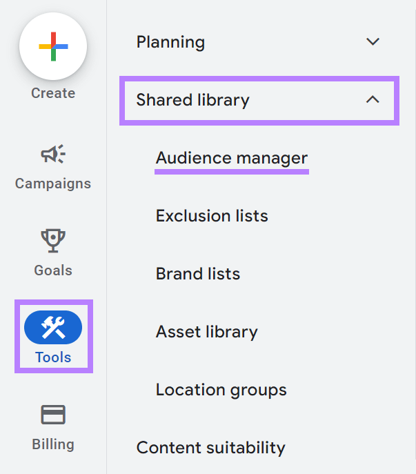 navigating to “Audience manager" in Google Ads account
