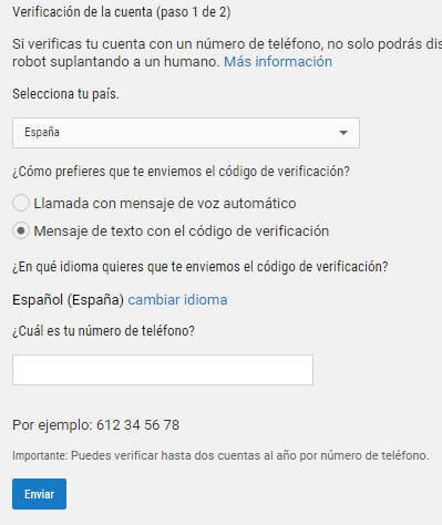 Crear canal Youtube - Verificación teléfono