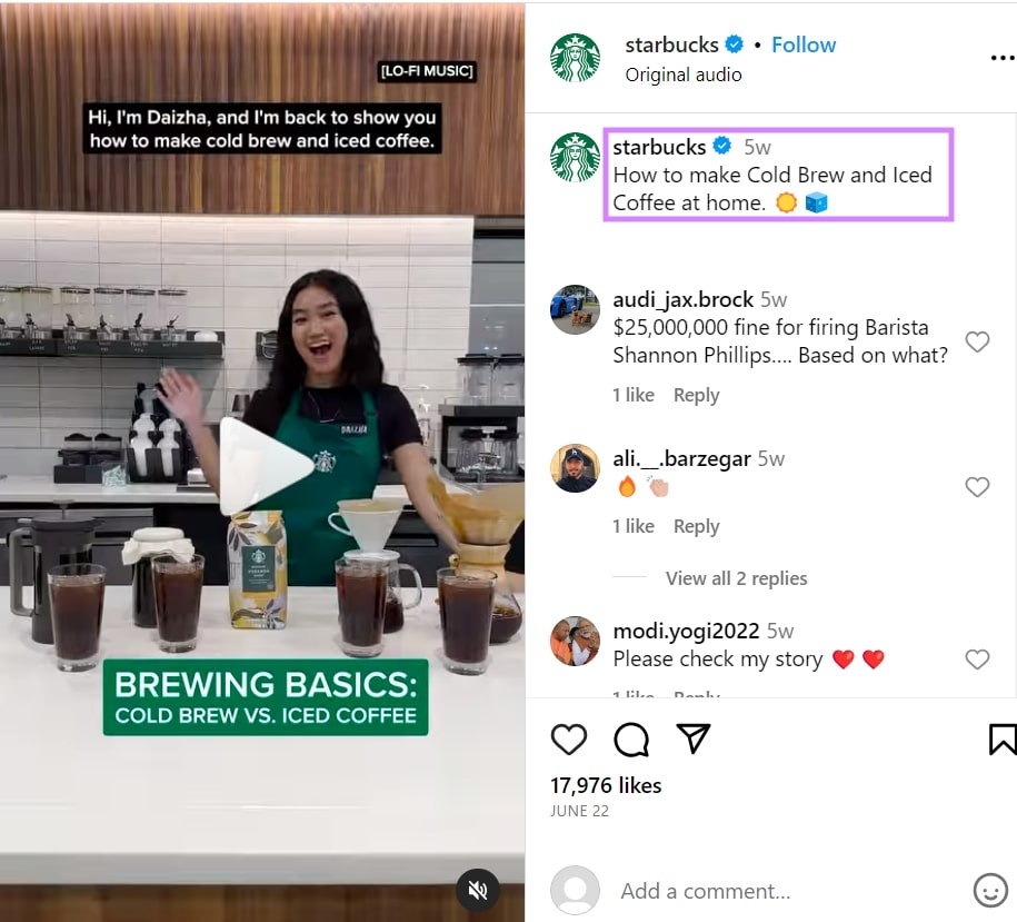 Starbucks's Instagram video on "Brewing basics: cold brew vs. iced coffee"