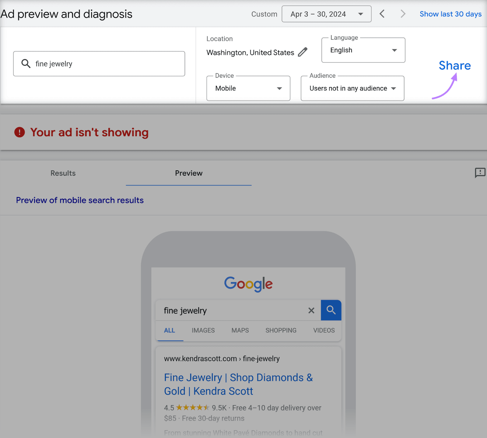 "Ad preview..." instrumentality   displaying mobile SERP with options to set  assorted  parameters, and the stock  enactment    highlighted.